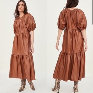 STAUD-Demi Puff Sleeve Vegan Leather Whiskey Maxi Dress-Size Small